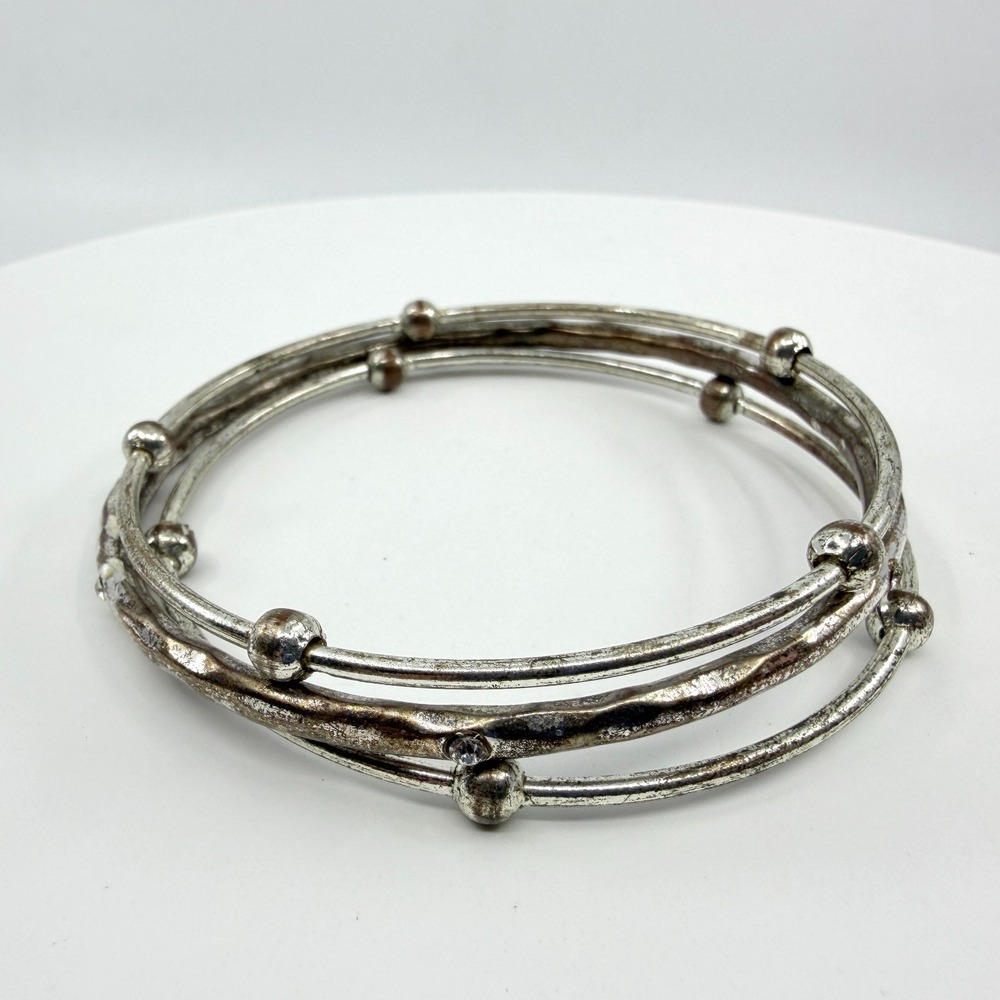 Y2K Vintage Silver Multi-Bangle Stack Bracelet Set with Accent Stone